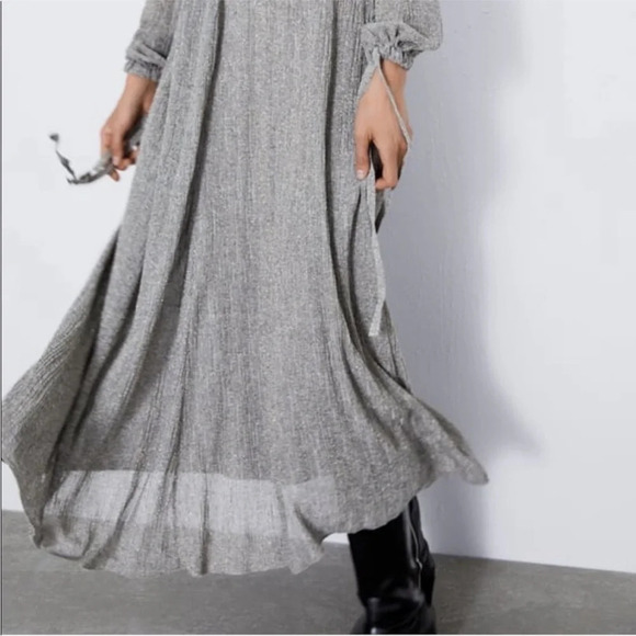 ZARA Dress with Metallic Thread silver long sleeve with slip size med NWT - Picture 8 of 15